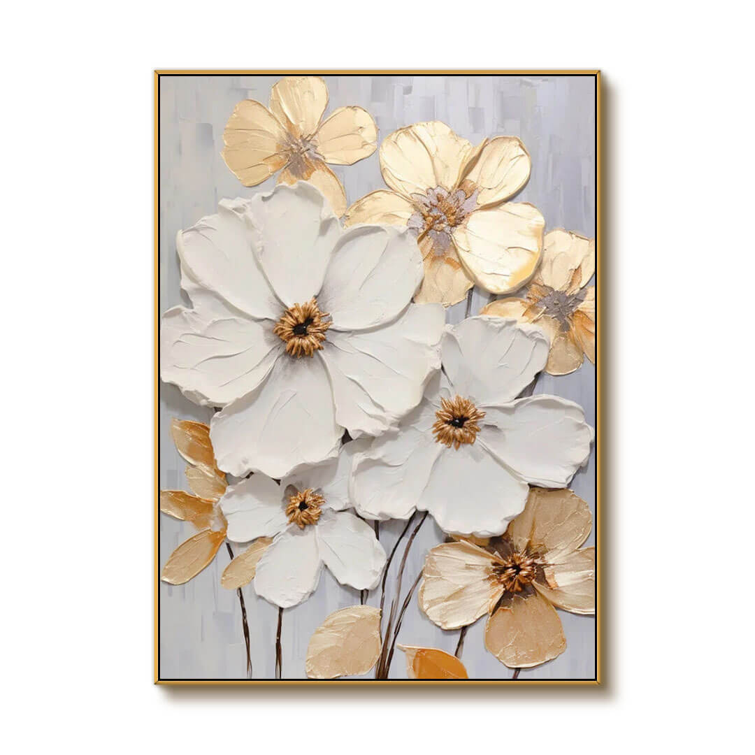 Vivacious Bloom - White and Gold Abstract Art