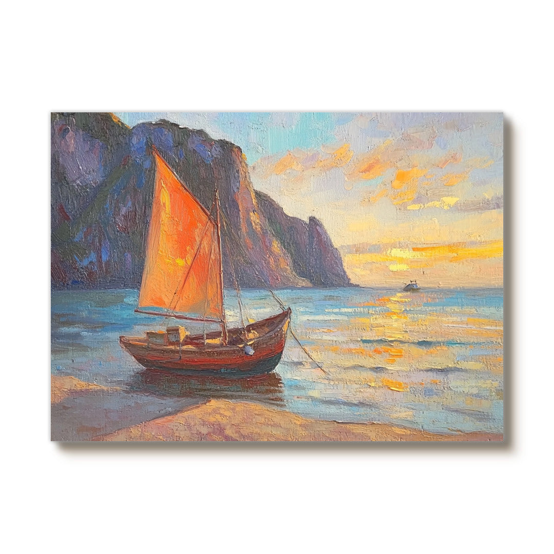 The Orange Sail at Sunset - Modern Impressionist Sailboat Seascape Wall Art