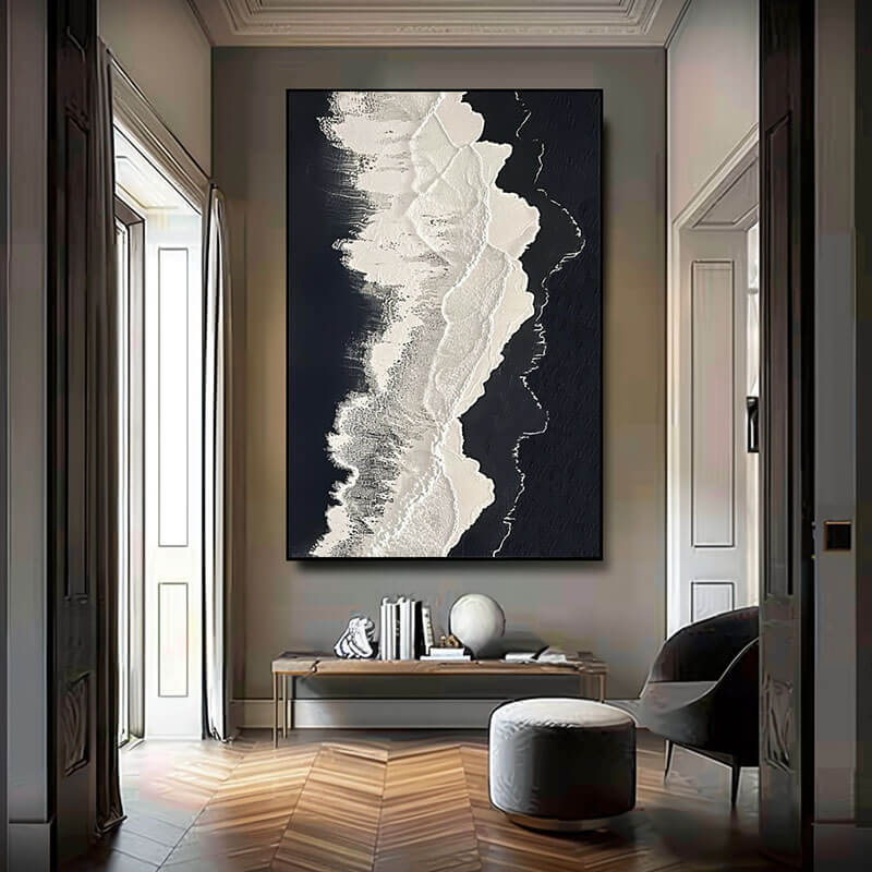 White Foam, Black Sand I - Large Abstract Textured Wall Art