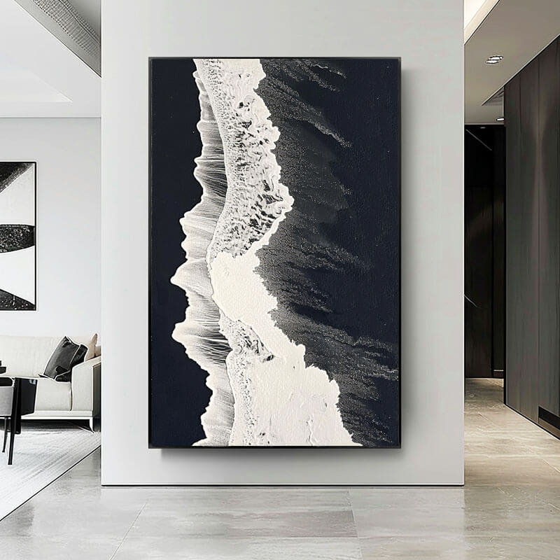 White Foam, Black Sand - Large Abstract Textured Wall Art