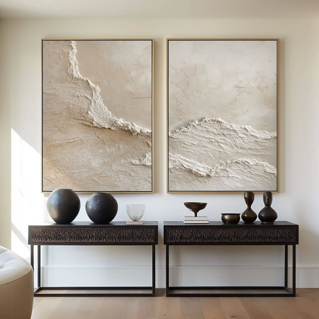 Beige Ocean Waves - 3D Textured Abstract Art Set of 2