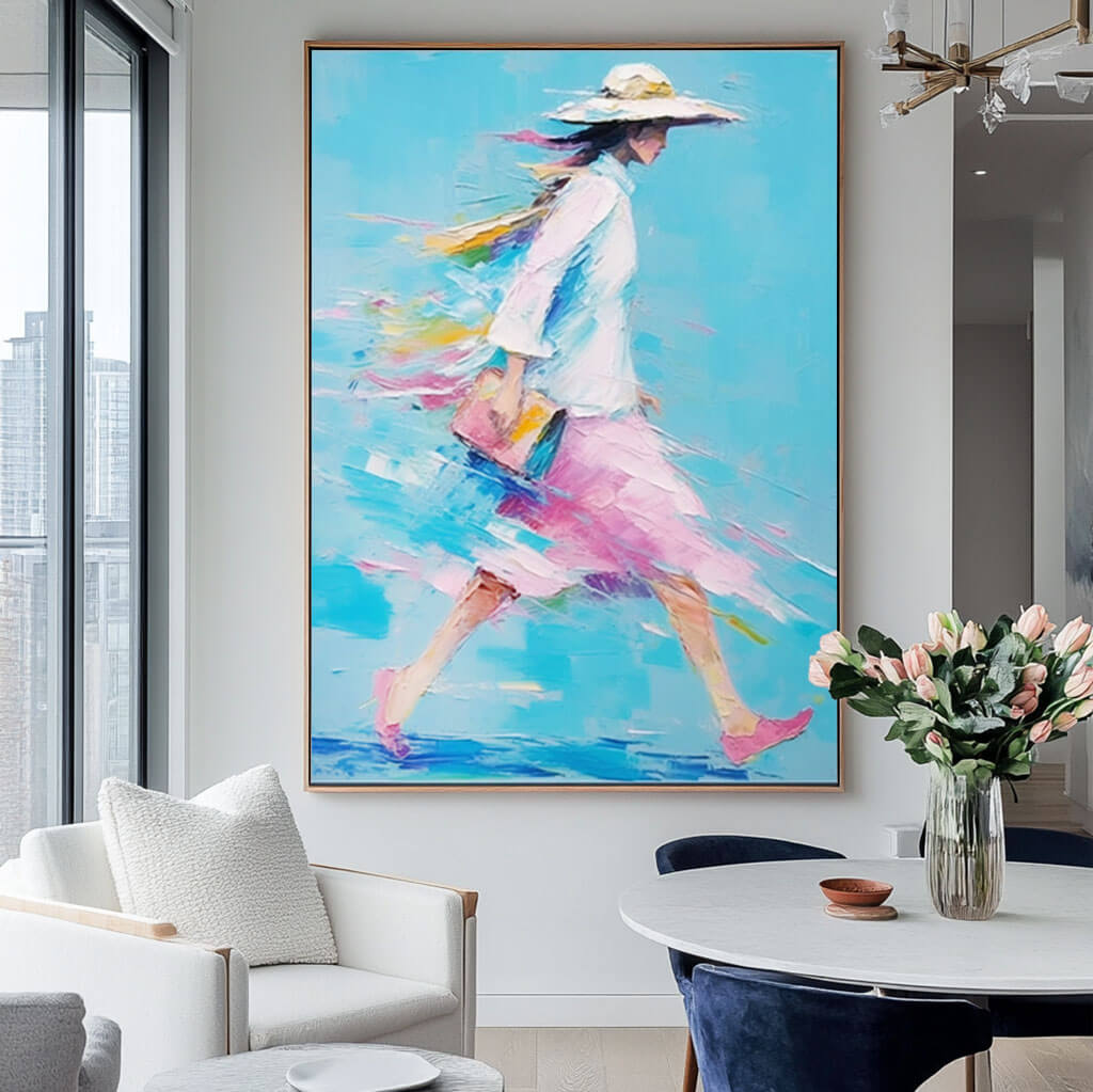 Walking Woman - Blue Abstract Figure Oil Painting