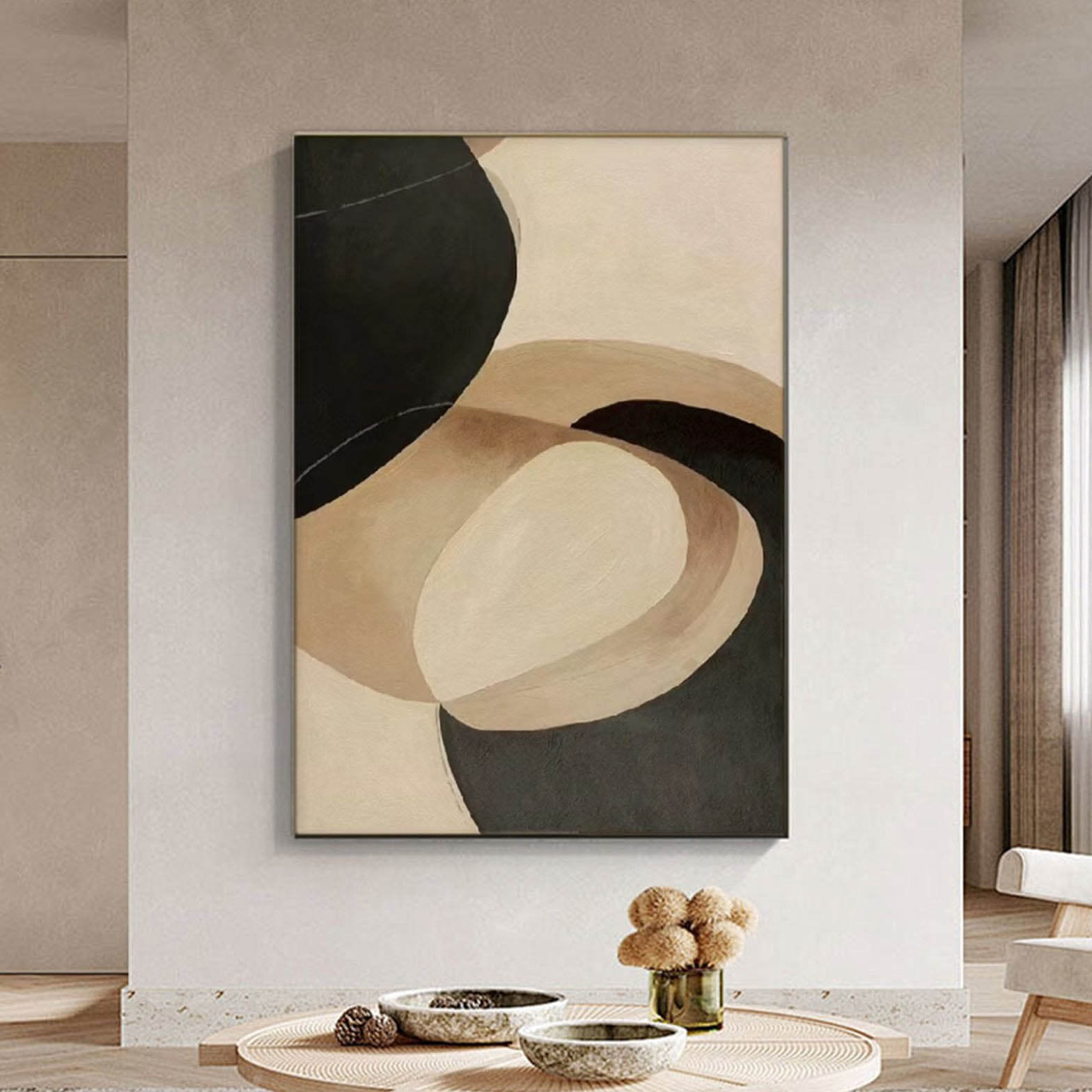 Arc Momentum - Minimalist Black and Beige Abstract Wall Art