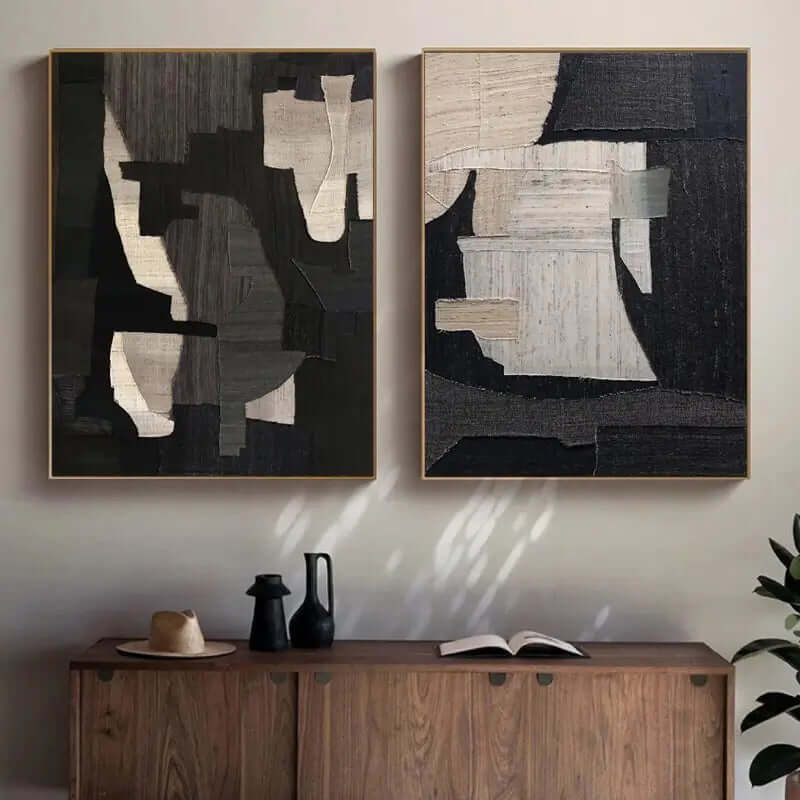 Broken Window - Black and White Abstract Canvas Art Set of 2