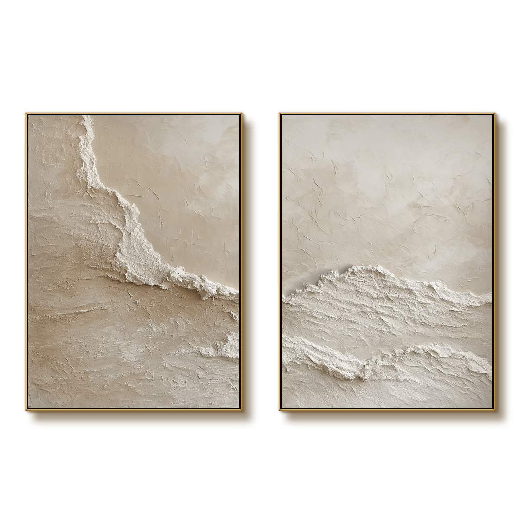 Beige Ocean Waves - 3D Textured Abstract Art Set of 2