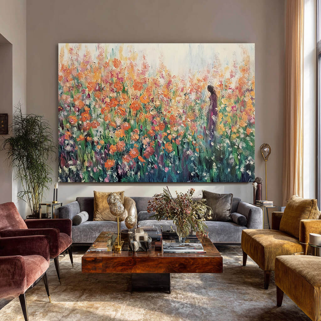 Reunion in Coral Tones - Large Modern Impressionist Orange Flower Field Wall Art