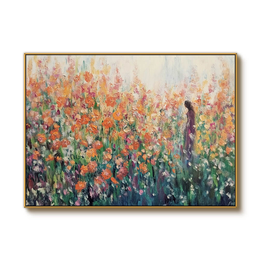 Reunion in Coral Tones - Large Modern Impressionist Orange Flower Field Wall Art