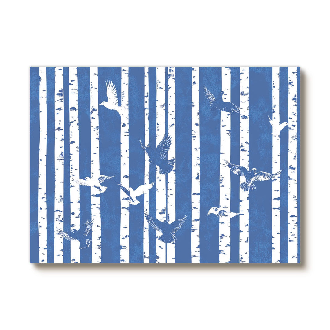 Geometry of the Flight - Blue White Birch And Flying Bird Canvas Art