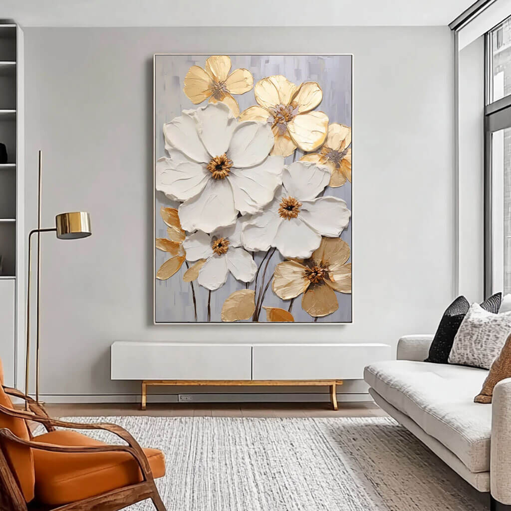 Vivacious Bloom - White and Gold Abstract Art