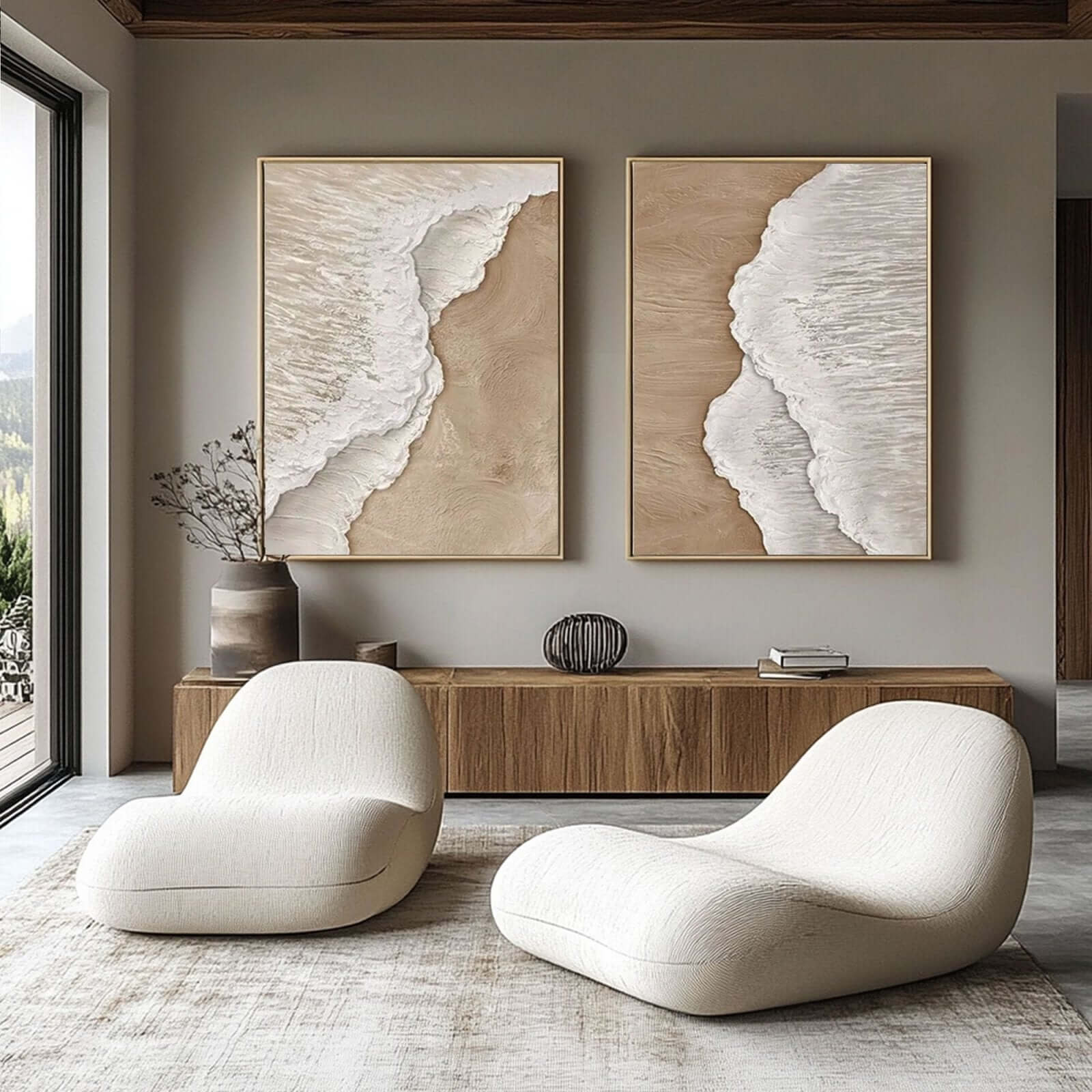 Coastal Trace - Beige Textured Abstract Canvas Art Set of 2