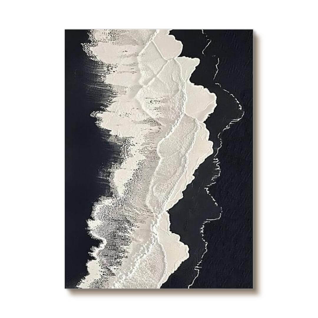 White Foam, Black Sand I - Large Abstract Textured Wall Art