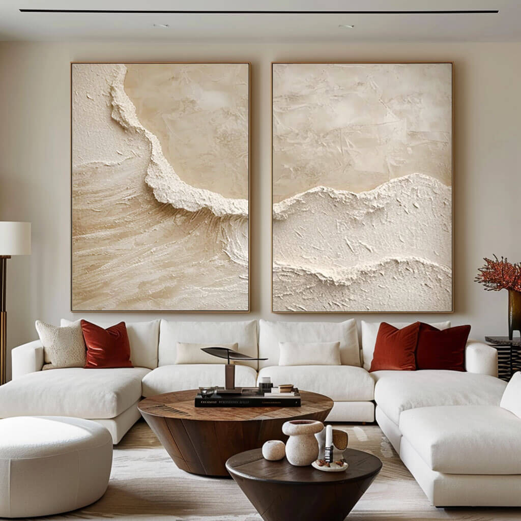 Beige Ocean Waves I - 3D Textured Abstract Art Set of 2