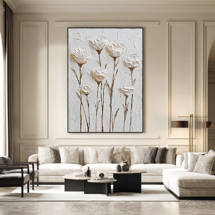 White Silence - Modern Impasto Cream Rose Abstract Wall Art