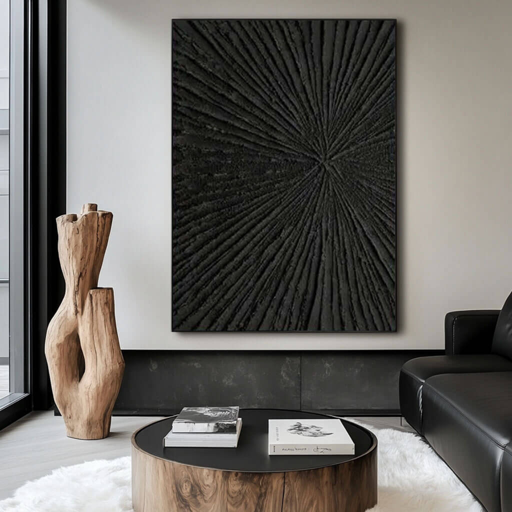 Rays - Black Textured Abstract Art Painting