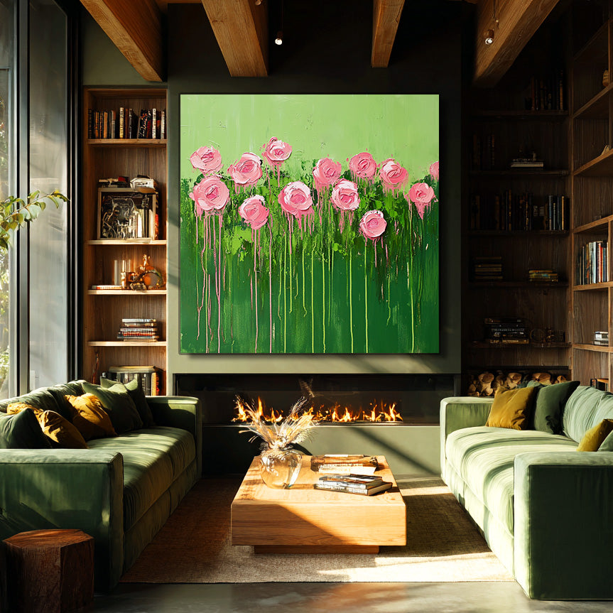 Spring Garden - Modern Impasto Drip Pink Rose Wall Art