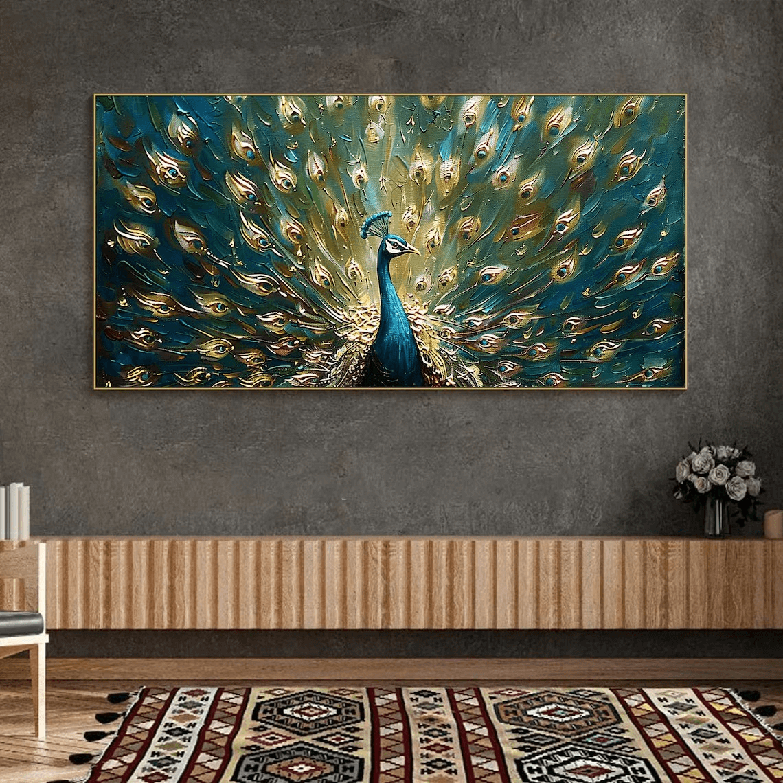 Peacock in Bloom - Textured Animal Canvas Art