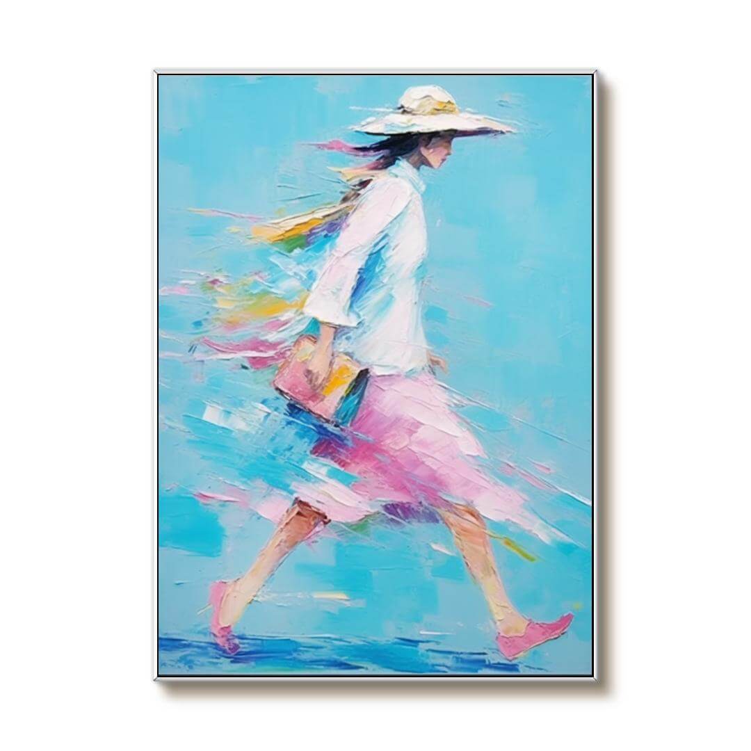Walking Woman - Blue Abstract Figure Oil Painting