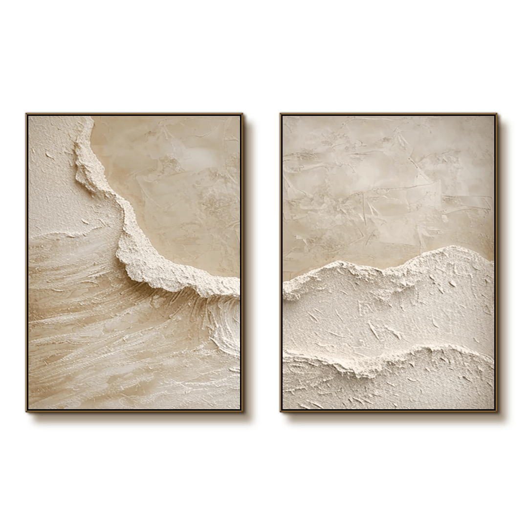 Beige Ocean Waves I - 3D Textured Abstract Art Set of 2