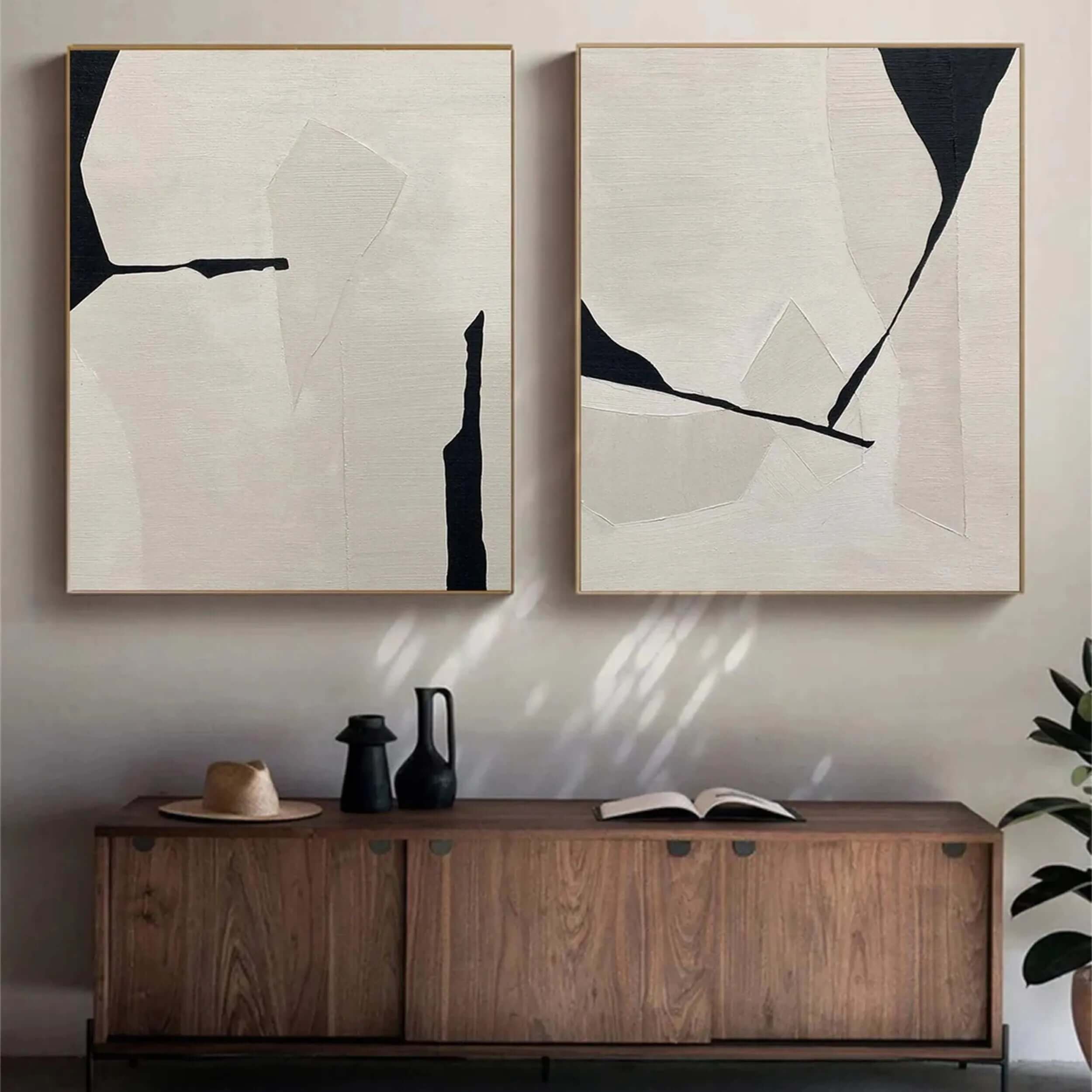 Black and White I - Textured Minimalist Abstract Wall Art Set of 2