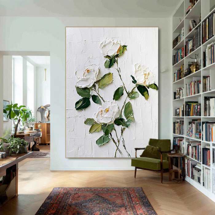 White Gentleness - Modern Impasto White Rose Wall Art
