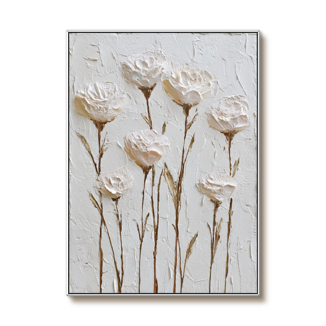 White Silence - Modern Impasto Cream Rose Abstract Wall Art
